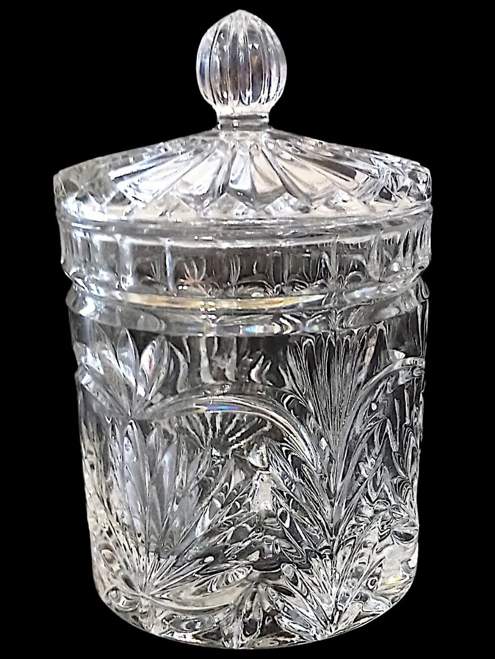 Vintage Crystal Biscuit Jar Candy 6” Lidded Vanity Canister Starburst Glass